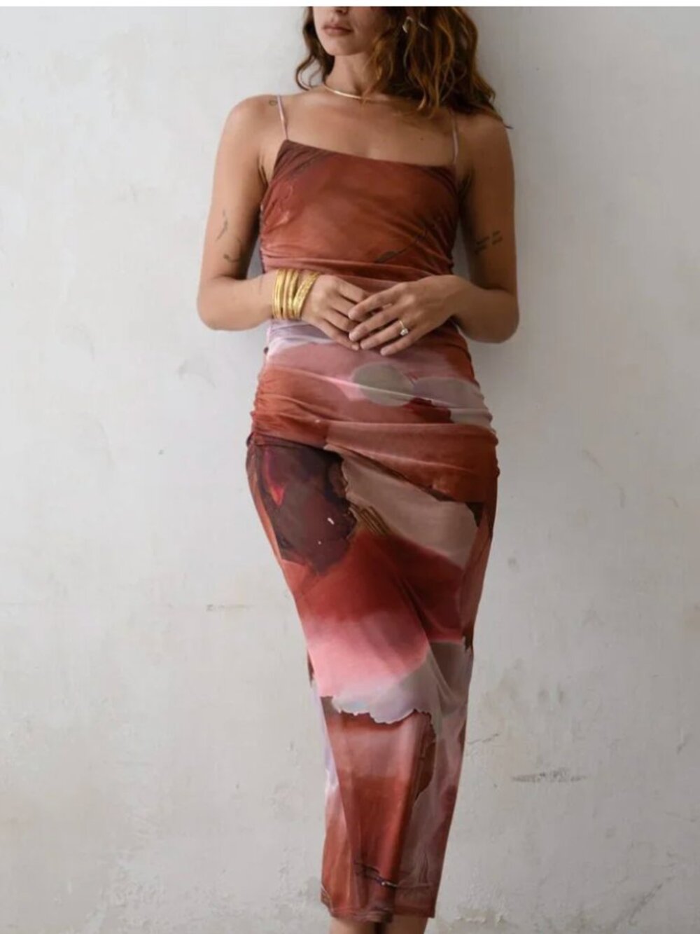 12th Tribe Caterina Rust Abstract Mesh Midi Dress (M)